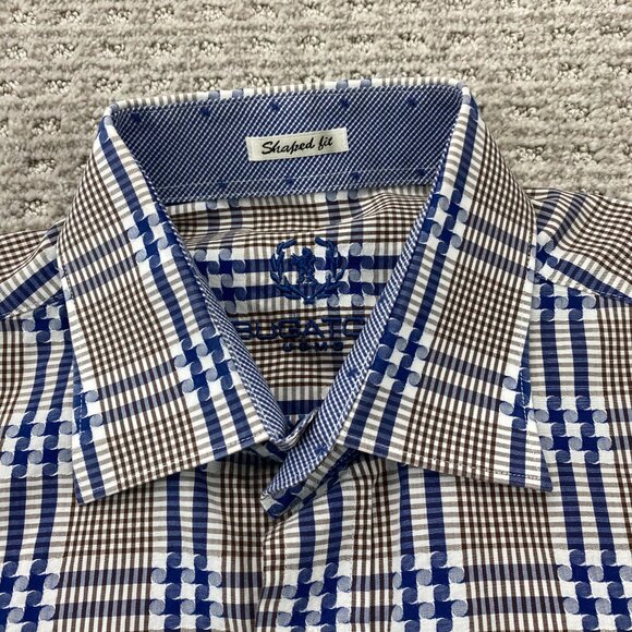BUGATCHI UOMO Shirt Men Medium M Brown Blue Checkered Button Up Long Sleeve Polo - Picture 2 of 8